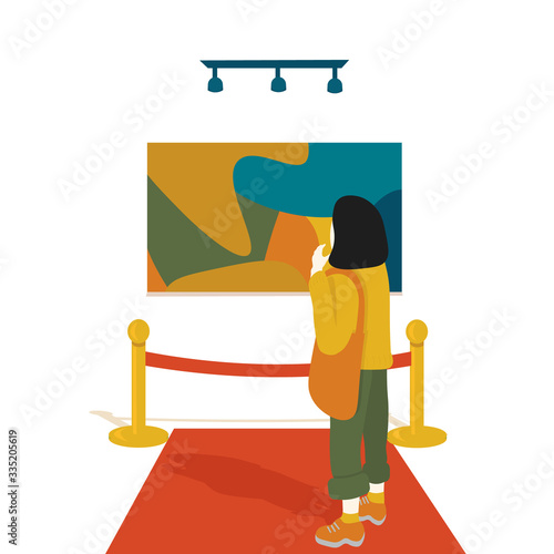 Museum or gallery modern art  inside. Woman look at famous expencive impressionism picture on the wall. red carpet and fence post. Illustration in flat style