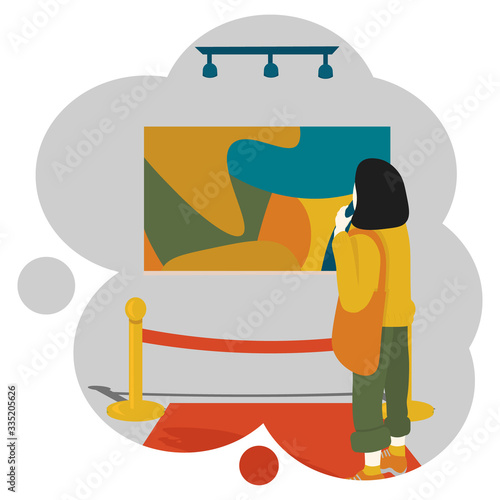 Museum or gallery modern art  inside. Woman look at famous expencive impressionism picture on the wall. red carpet and fence post. Illustration in flat style