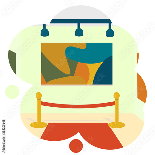 Museum or gallery modern art  inside. famous expencive impressionism picture on the wall. red carpet and fence post. Illustration in flat style