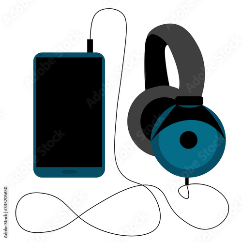 blue phone and big wired headphones. Concept for online music, audio book, podcast and audio guide. Illustration in flat style. 
