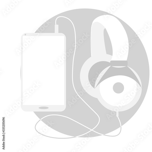 black and white phone and big wired headphones. Concept for online music, audio book, podcast and audio guide. Illustration in flat style. 