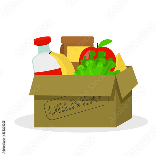 foodstuffs in open cardboard box. Delivery from grocery store. Illustration in flat style. Popular food - milk, cheese, fruits and vegetables in basket.