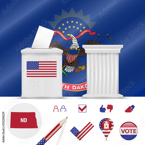 Presidential elections in North Dakota. Vector flag, ballot box, speaker's podium, map and voting icon set
