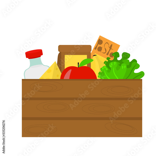 foodstuffs in wooden box. Delivery from grocery store. Illustration in flat style. Popular food - milk, cheese, fruits and vegetables in basket. 