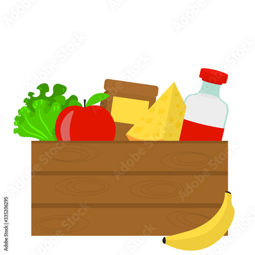 foodstuffs in wooden box. Delivery from grocery store. Illustration in flat style. Popular food - milk, cheese, fruits and vegetables in basket. 