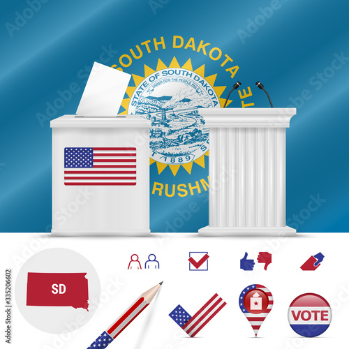 Presidential elections in South Dakota. Vector flag, ballot box, speaker's podium, map and voting icon set