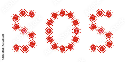 Red inscription "SOS" made of viruses. The danger of a coronovirus pandemic COVID-19 or other infectious outbreaks and epidemics. Vector illustration isolated on white background.