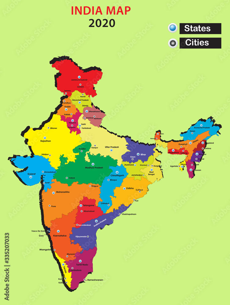 Obraz premium State and cities of India.India new map in 2020.3d view of India map.