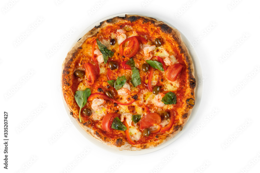 Pizza with tomatoes, cheese and basil on white isolated background Pizza with tomatoes, cheese and basil on white isolated background