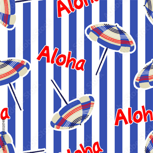 Summer trendy mood of umbrella and red typo ALOHA on fresh blue vertical stripe seamless pattern vector EPS10 ,
