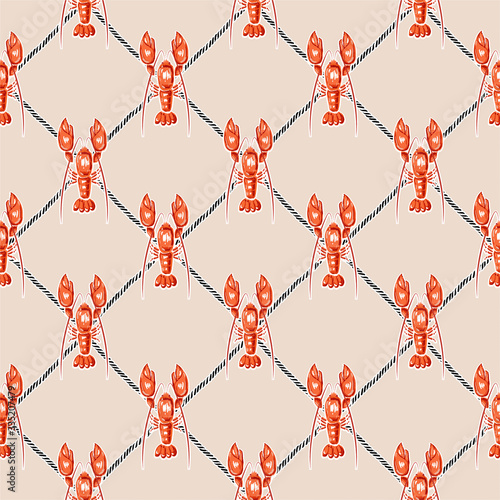 Stylish hand drawn lobster with nautical summer rope seamless pattern vector,Design feor fashion,fabric,web,wallpaper,wrapping,cover and all graphic type