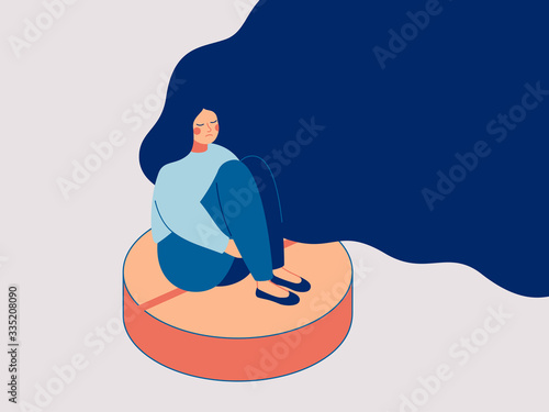 Depress woman sits on the big pill. Concept of influence side effects of pills on the women’s moods. Vector