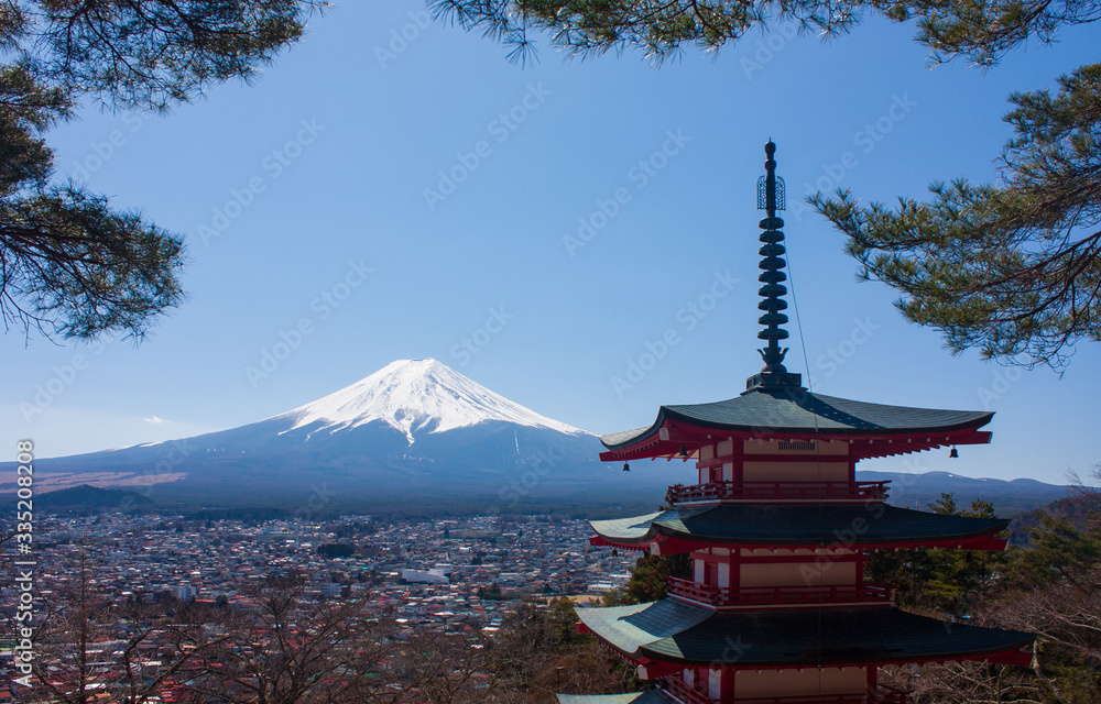Chureito Pagoda temple in the Five Lakes Region and the highest mountain of Japan, Mt Fuji, in the distance