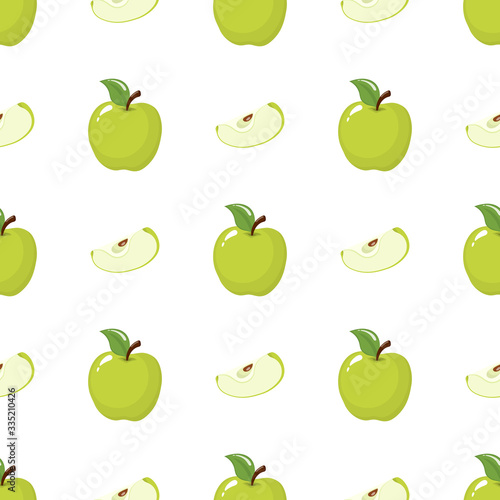 Seamless pattern with green whole and slice apples on white background. Organic fruit. Cartoon style. Vector illustration for design  web  wrapping paper  fabric  wallpaper.