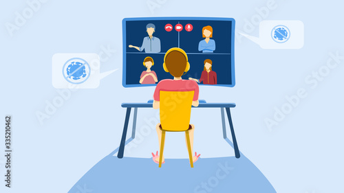 Teleconference for work from home concept : self quarantine to prevent from COVID -19, A man in video conference with colleagues, man and woman. Vector illustration, Flat design
