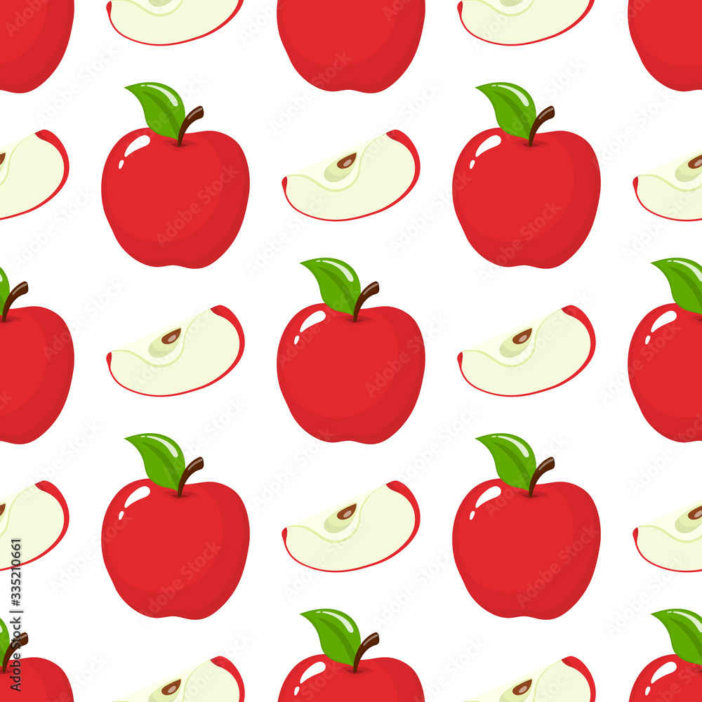 Seamless pattern with red whole and slice apples on white background. Organic fruit. Cartoon style. Vector illustration for design, web, wrapping paper, fabric, wallpaper. Seamless pattern with red whole and slice apples on white background. Organic fruit. Cartoon style. Vector illustration for design, web, wrapping paper, fabric, wallpaper.