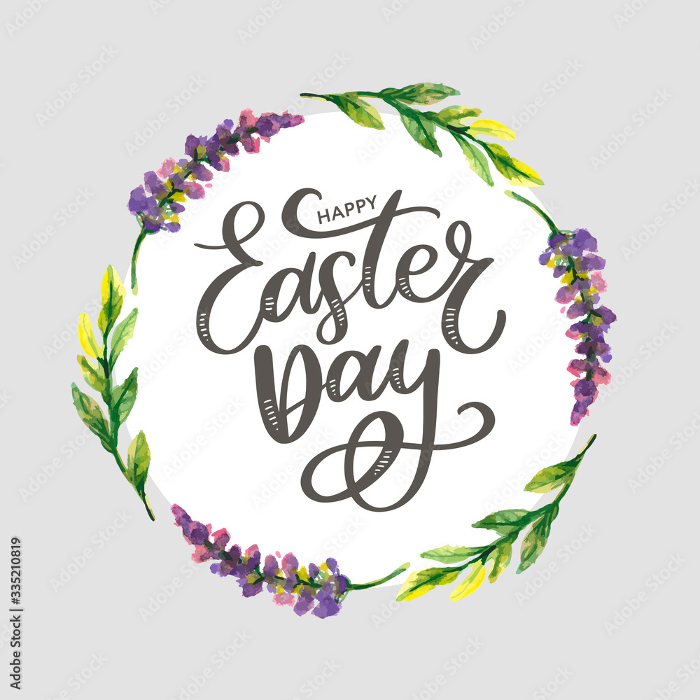 Colorful Happy Easter greeting card with flowers eggs and rabbit elements composition. EPS10 vector file organized in layers for easy editing.
