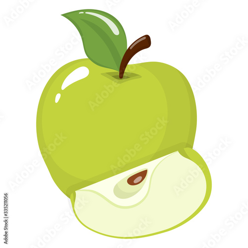 Fresh whole and slice green apple isolated on white background. Organic fruit. Cartoon style. Vector illustration for any design.