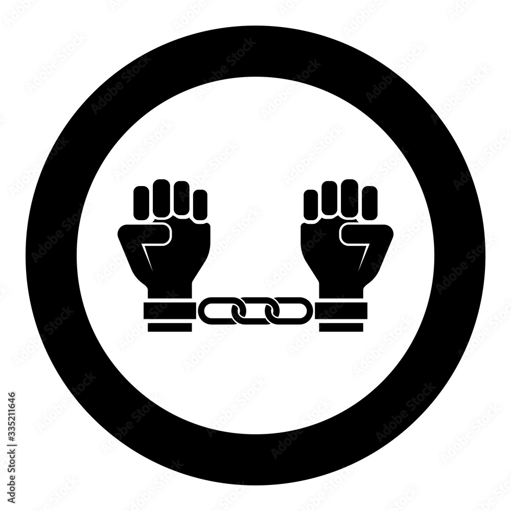Handcuffed hands Chained human arms Prisoner concept Manacles on man Detention idea Fetters confine Shackles on person icon in circle round black color vector illustration flat style image