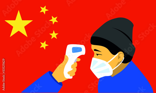 Coronavirus in China (2019-nCoV), man in white medical face mask. Coronavirus quarantine. Non-contact thermometer for diagnosing the disease