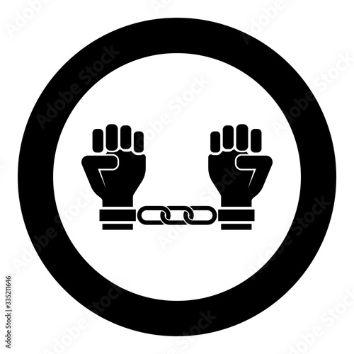 Handcuffed hands Chained human arms Prisoner concept Manacles on man Detention idea Fetters confine Shackles on person icon in circle round black color vector illustration flat style image
