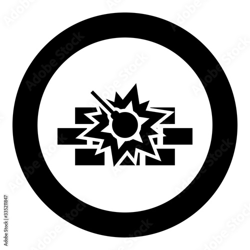 Working demolish machine on building construction Destroying brick wall with metal ball Wrecking house home concepting icon in circle round black color vector illustration flat style image