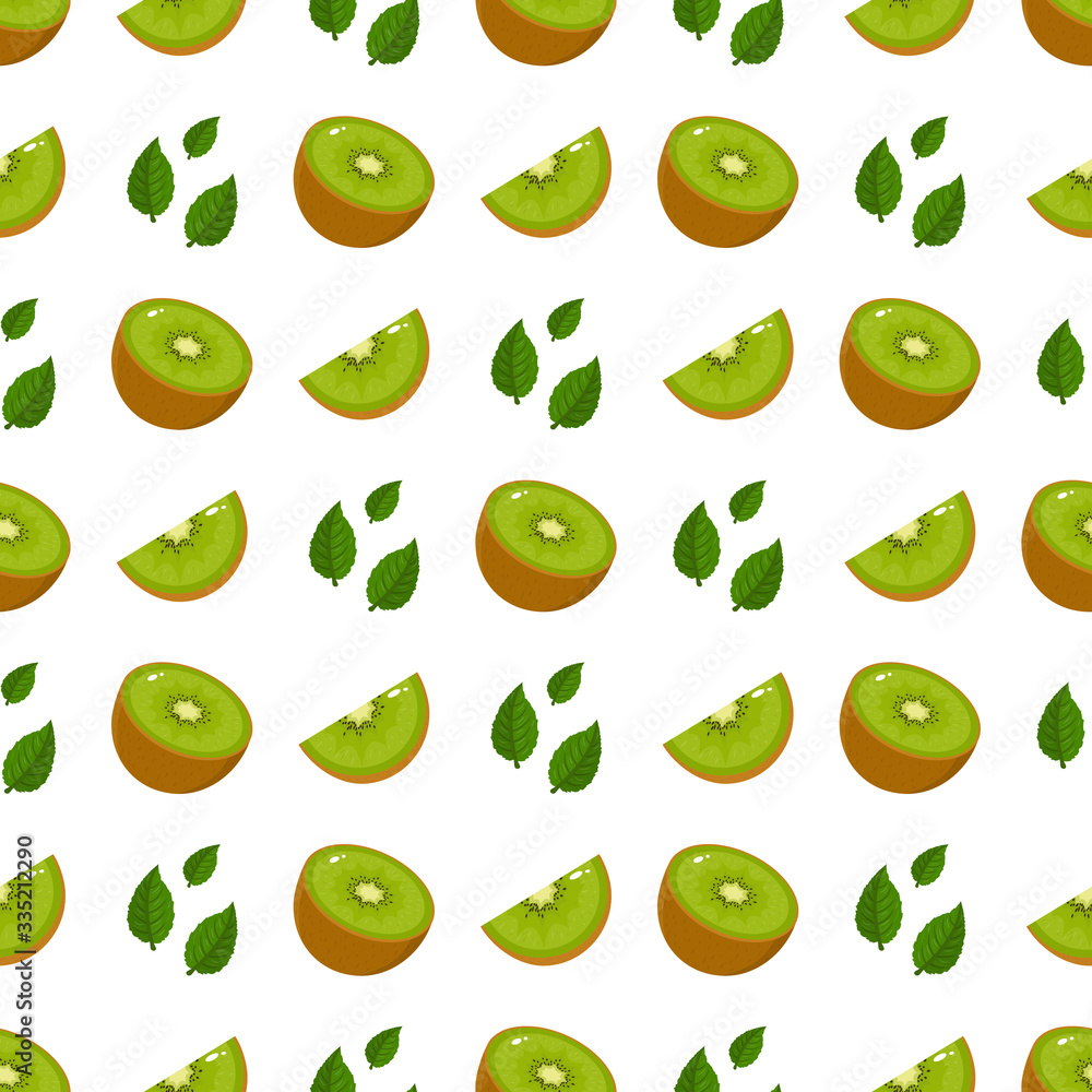 Seamless pattern with fresh half slice kiwi fruit and leaves on white background. Summer fruits for healthy lifestyle. Organic fruit. Cartoon style. Vector illustration for any design. Seamless pattern with fresh half slice kiwi fruit and leaves on white background. Summer fruits for healthy lifestyle. Organic fruit. Cartoon style. Vector illustration for any design.