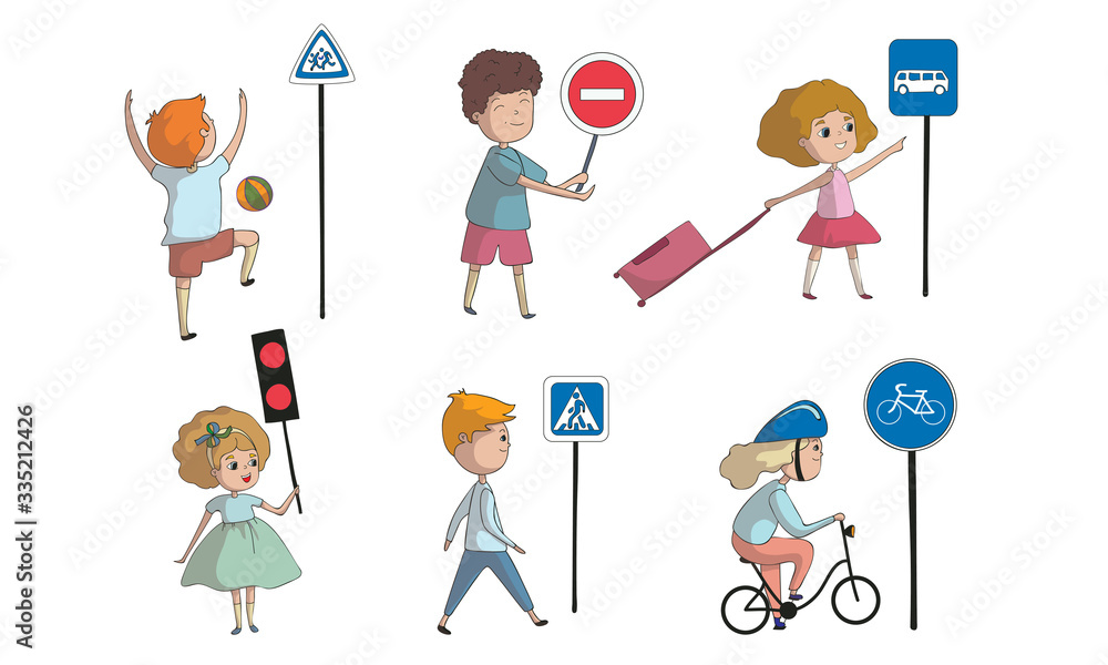 Kid Characters Walking and Cycling Across the Road Vector Set Kid Characters Walking and Cycling Across the Road Vector Set