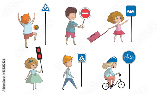 Kid Characters Walking and Cycling Across the Road Vector Set