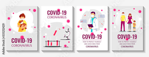 Set of banner design templates for Coronavirus, Epidemic, Medicine, Health care, Quarantine, Immunity, Vaccination. A4 Vector illustrations for posters, banners, flyers, covers.