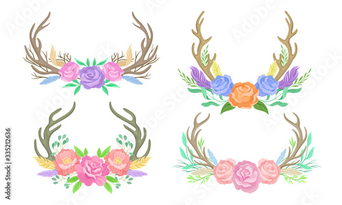 Deer Antlers Arranged with Showy Flower Buds and Tender Feathers Vector Set