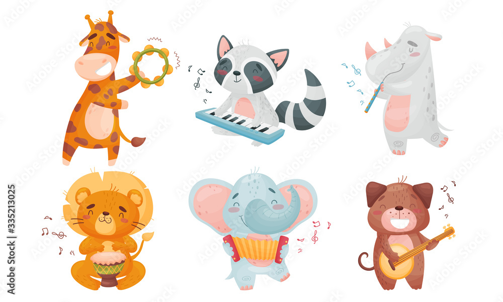 Cartoon Animals Playing Musical Instruments with Hippo Fluting Vector Set