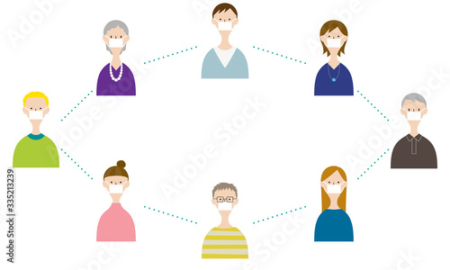 Illustration of people keeping distance for prevent infection, wearing a surgical mask for prevent virus Covid-19. (Social Distancing)