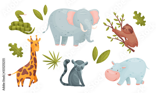 African Animals with Spotted Giraffe and Sloth Sitting on Tree Branch Vector Set