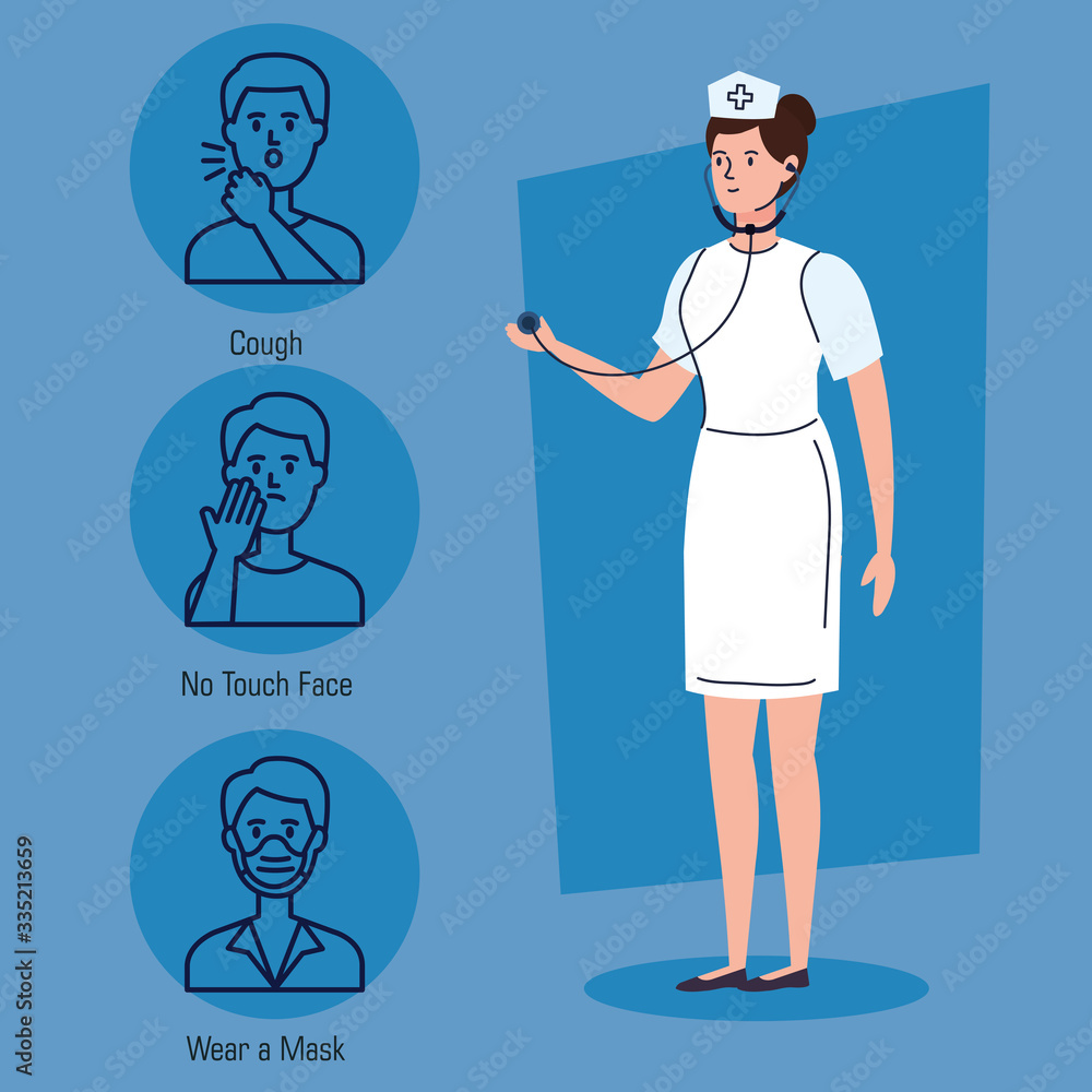 nurse with set of recommendations for covid 19 vector illustration design nurse with set of recommendations for covid 19 vector illustration design