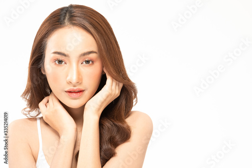 Beauty asian women touching soft cheek portrait face with natural skin and skin care healthy hair and skin close up face beauty portrait.