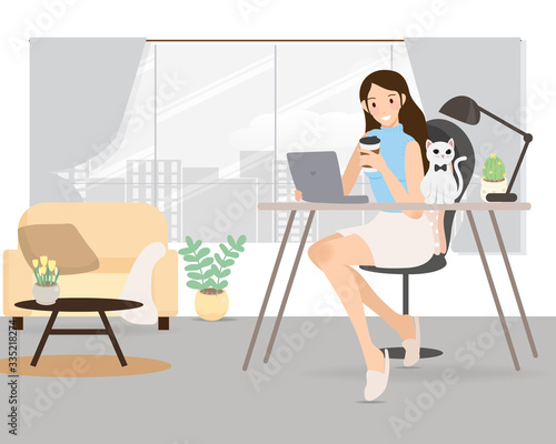 happy young woman working from home with pet cat and french bulldog puppy to avoid corona virus eps10 vectors illustration