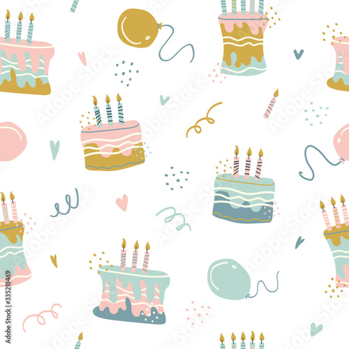 Seamless pattern of with Happy Birthday's cakes, pies, tarts, muffins. Hand drawn sweet bakery products in sketchy style on the white background. Vector illustration, isolated cartoon desserts.