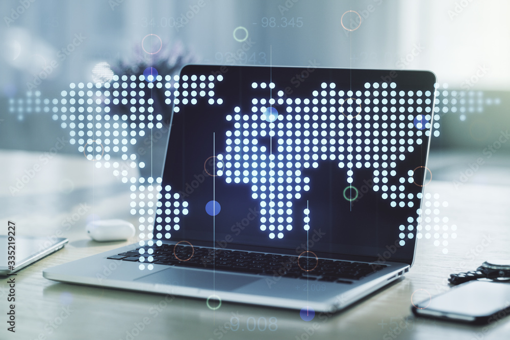 Multi exposure of abstract graphic world map on modern computer background, big data and networking concept Multi exposure of abstract graphic world map on modern computer background, big data and networking concept