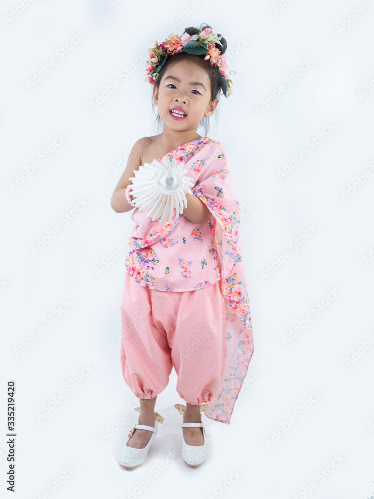 children girl in traditional Thai dress for Welcome Songkran Festival on white background children girl in traditional Thai dress for Welcome Songkran Festival on white background