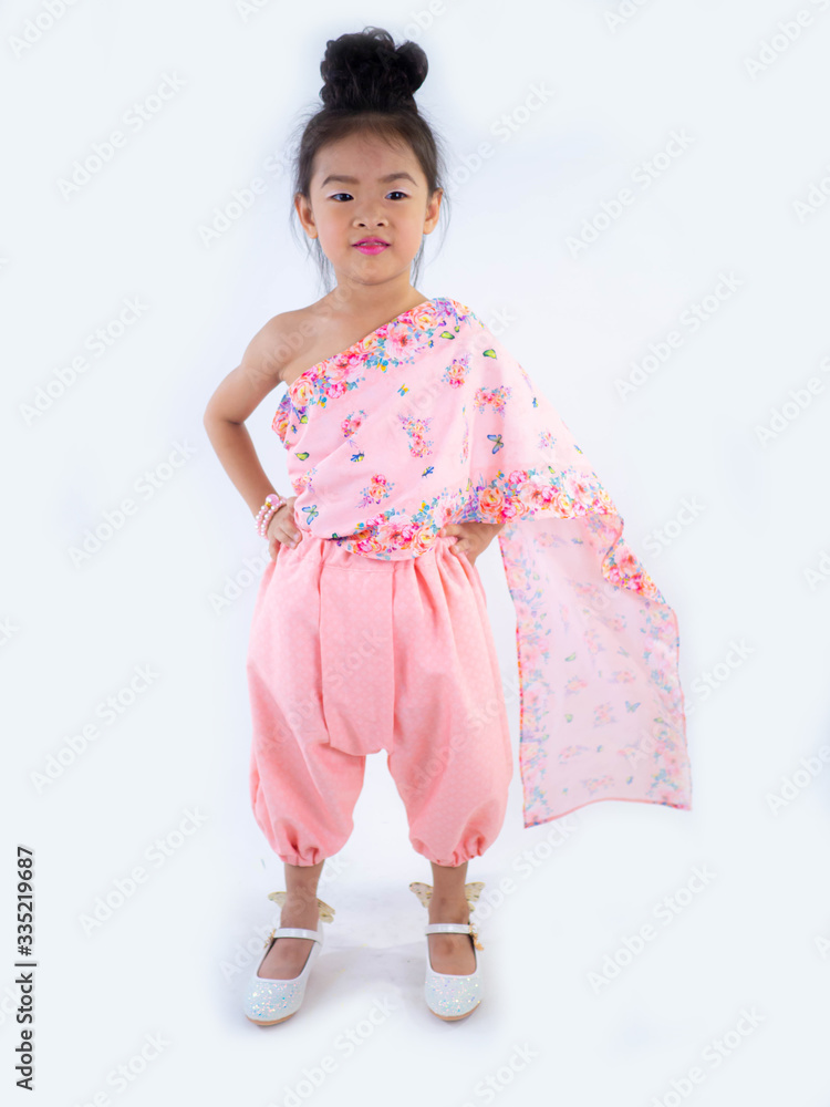 children girl in traditional Thai dress for Welcome Songkran Festival on white background children girl in traditional Thai dress for Welcome Songkran Festival on white background