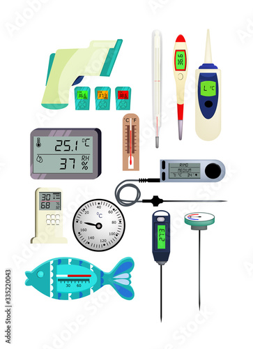 Thermometer icon set. Set of line icons. Temperature, air pressure, humidity. Illustrations can be used for topics like health, weather, temperature measurement