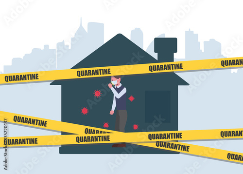 Man wearing medical mask and self isolation in home with area alert sign. Staying at home with self quarantine to stop outbreak and protect virus spread. Pandemic of coronavirus and social distancing