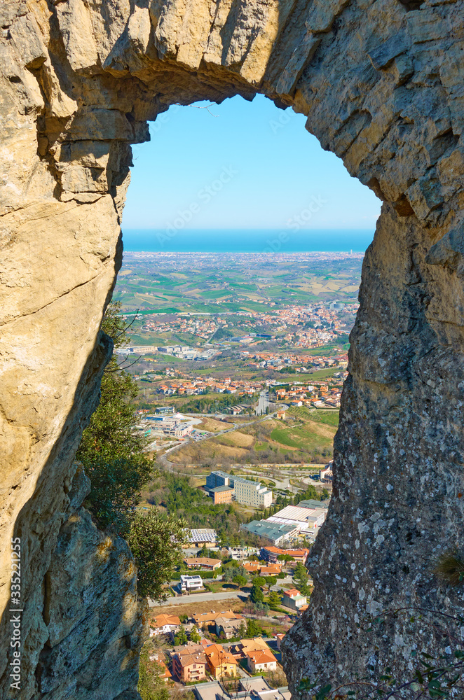 View through arch of  The Pass of the Witches in San Marino