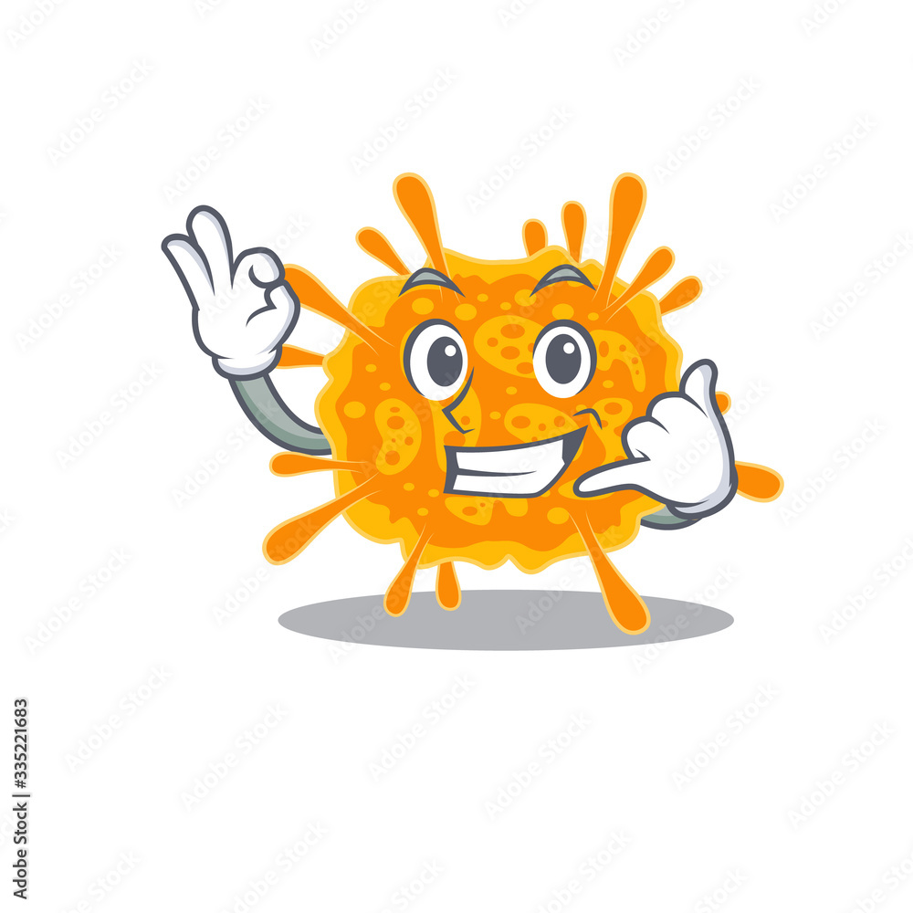 Cartoon design of nobecovirus with call me funny gesture Cartoon design of nobecovirus with call me funny gesture