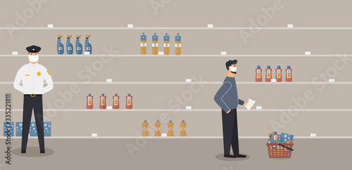 Household chemicals store is open during epidemic of virus. Security guard in protective medical mask and customer with a list selects goods for disinfection and cleaning on half-empty shelves.Vector