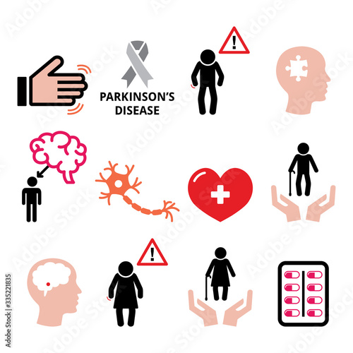 Parkinson's disease, senior's health icons set - old people, grandma, grandpa 
