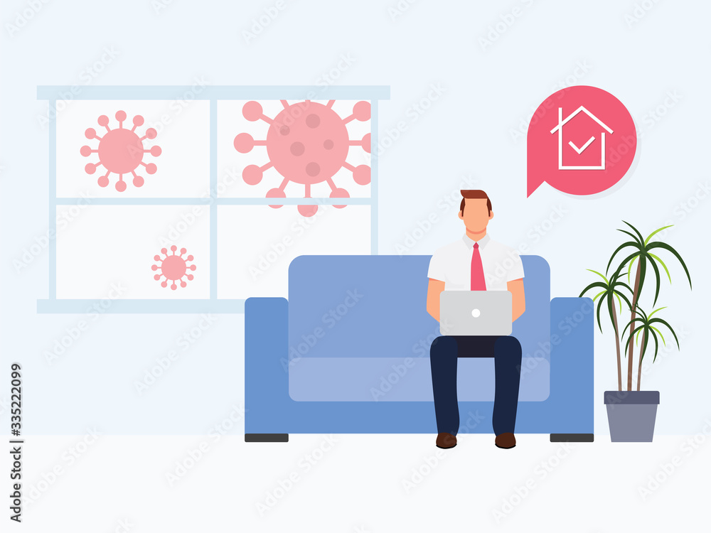 Stay Home Protect Yourself. Men working at home. Coronavirus outside. Coronavirus quarantine concept.