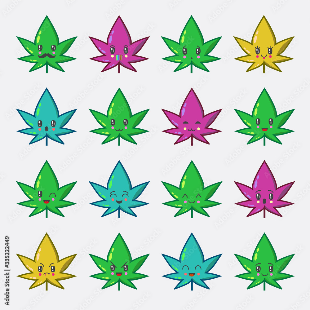 Vector illustration of cannabis in the style of kawaii. Cute and funny ...