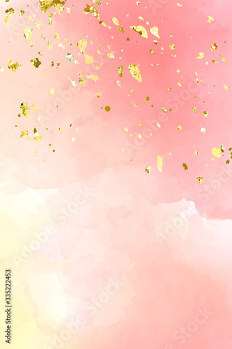 Beautiful pink water-colour background, great design for any purposes. Invitation ,Greeting card template. Vector gold glitter background texture.